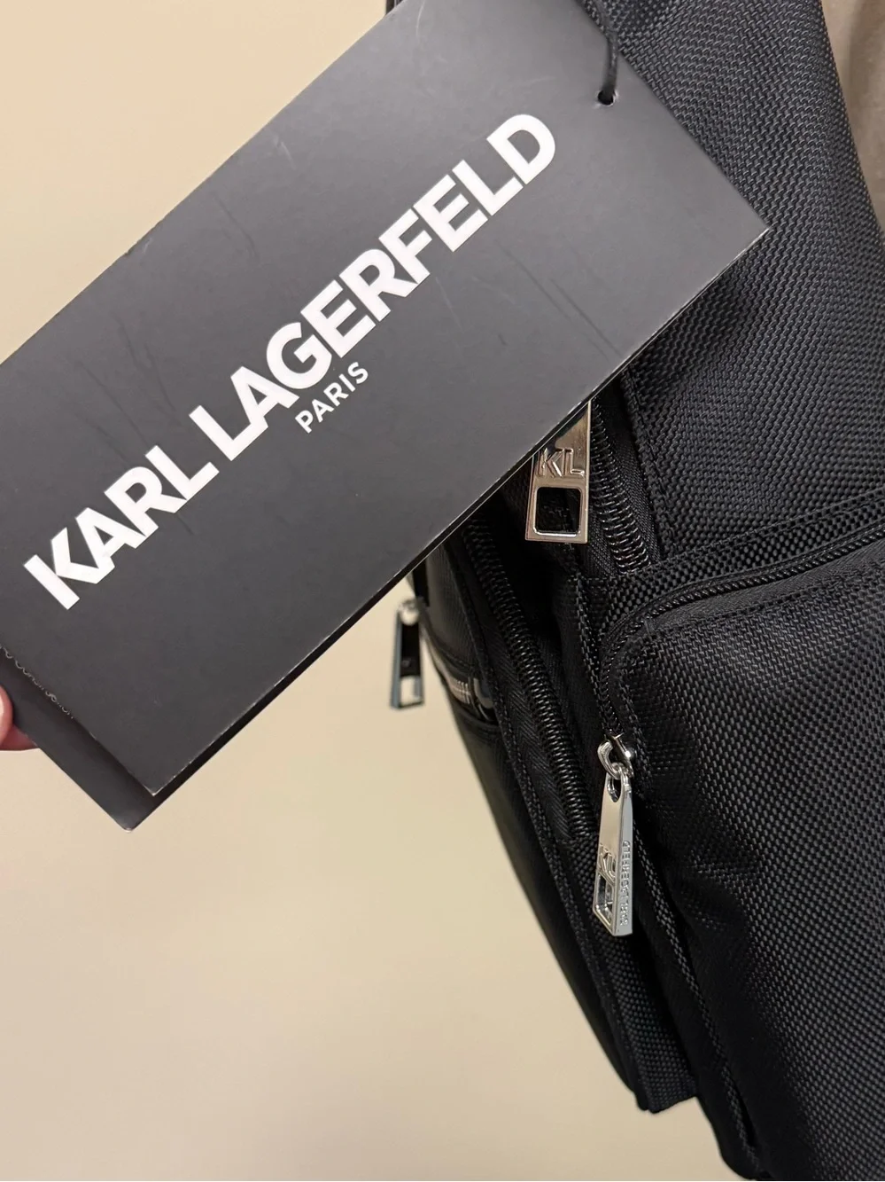 Karl Lagerfeld Travel Black Mini Backpack with Graphic “peekaboo” Lets go,  NWT